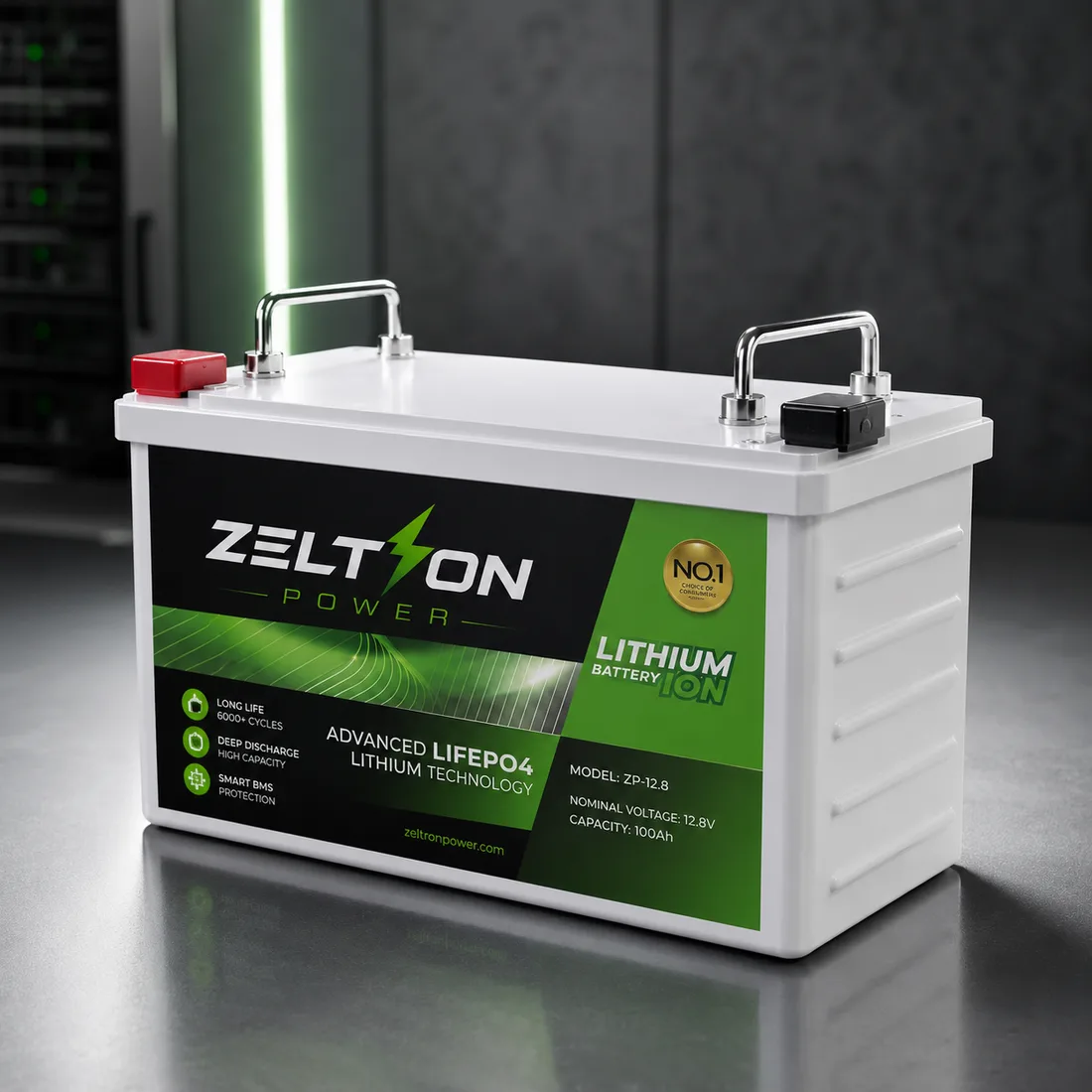 ZEL 1200, 12.8V · 100Ah LiFePO4 lithium battery