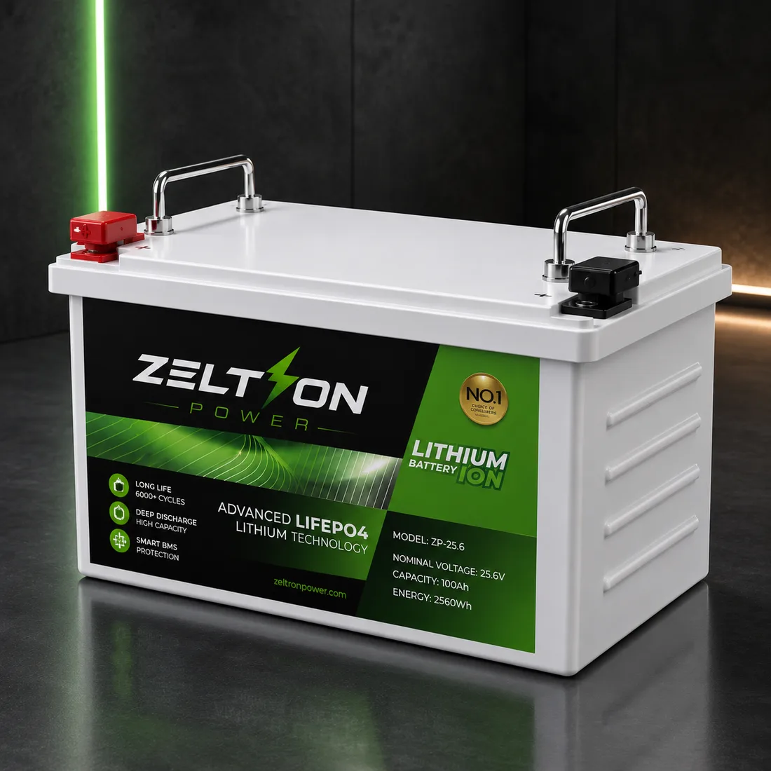 ZEL 2500, 25.6V · 100Ah LiFePO4 lithium battery