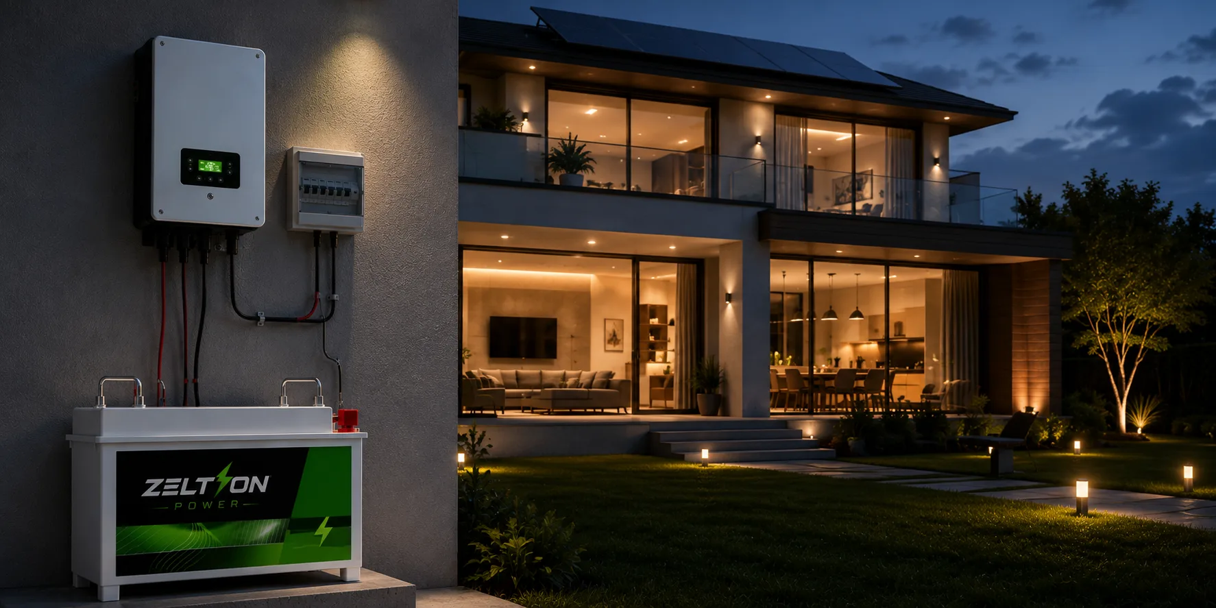 Zeltron Power lithium battery and inverter installed at a modern home at dusk